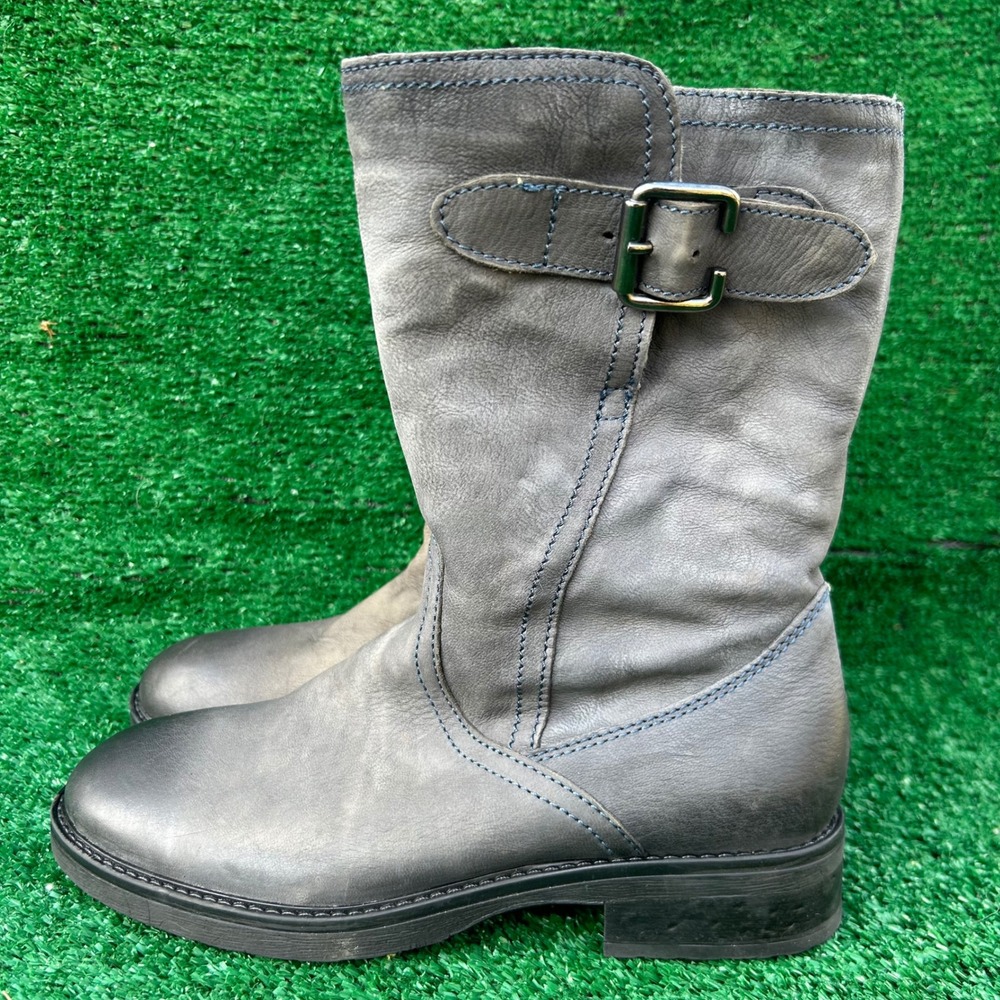 Tamaris Grey Distressed Leather Shearling Lined Woman Moto Boots Size 37